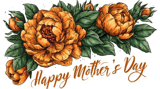  An orange vintage illustration for Mother's Day with a peony floral design and calligraphic lette against a white background is displayed.