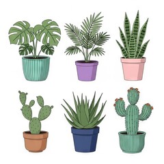 Fototapeta premium Set of Vector Houseplants Illustration Featuring Monstera Snake Plant Cactus and Aloe Vera in Colorful Ceramic Pots Isolated on White Background