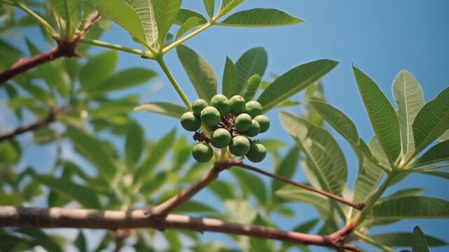 Green jatropha curcas fruit clusters swaying against a blue sky