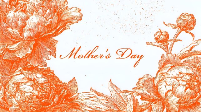 An orange vintage illustration for Mother's Day with a peony floral design and calligraphic lette against a white background is displayed.