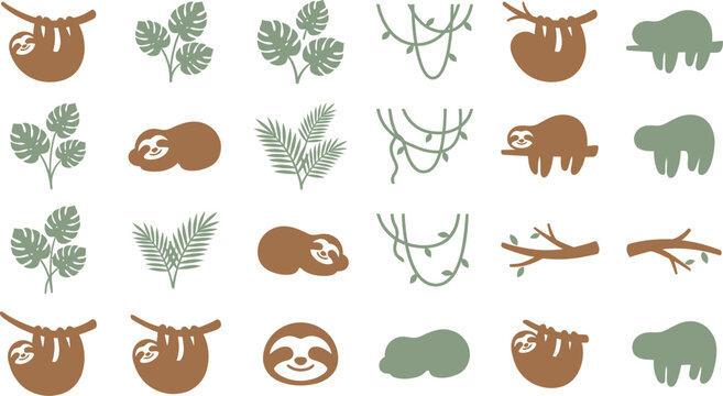 Cute sloths and tropical jungle leaves depicted in a creative flat vector graphic design set