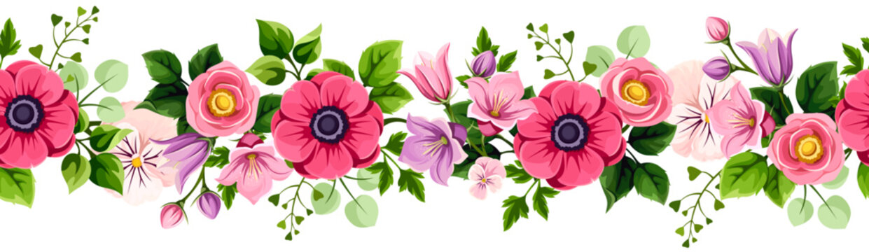 Floral seamless border with red, pink, and purple flowers and green leaves. Vector horizontal seamless garland