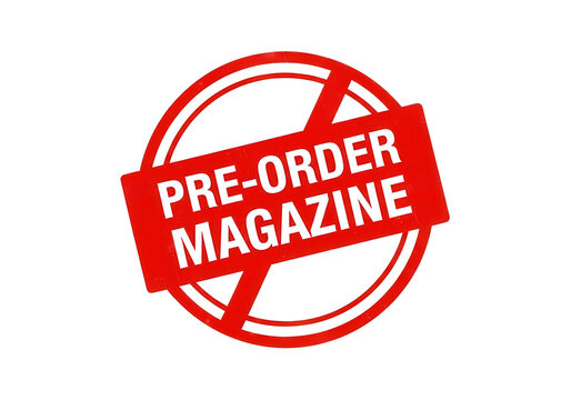 Red pre-order magazine stamp icon, circular rubber seal for publication launch, promotional marketing badge for early magazine sales