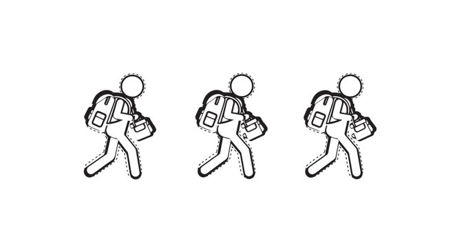 Illustrated hikers with backpacks walking in sequence.