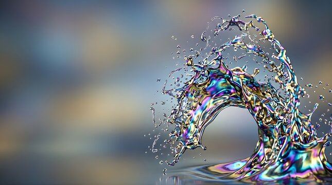 Iridescent liquid splash wave with metallic rainbow reflections on blur