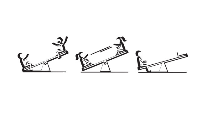 Illustrated sequence of people falling on a seesaw.