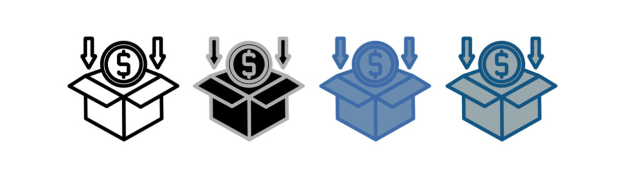 
fundraising icon set multiple style collection with box design, money and two down arrows