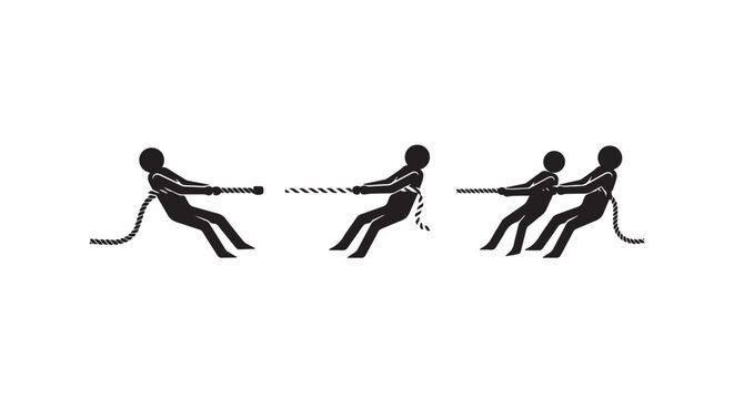 Silhouette figures playing intense game of tug of war.