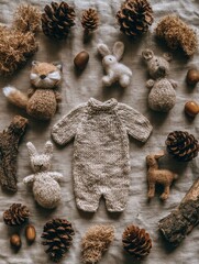 Obraz premium Flat lay captures woodland forest theme for baby shower with plush toys, knit onesie, pine cones, and natural accents on linen.