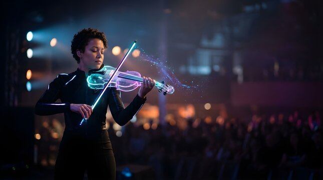 Talented musician playing a glowing neon violin on stage for a concert