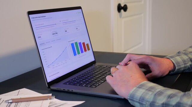 Middle Aged Business Analyst Reviewing AI Data Center Dashboard SaaS Data Modeling for Public Acceptance Rate and Top Revenue Configuration Concept