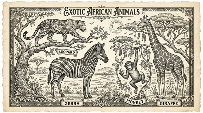 Vintage Illustration of Exotic African Animals in their Natural Habitat.