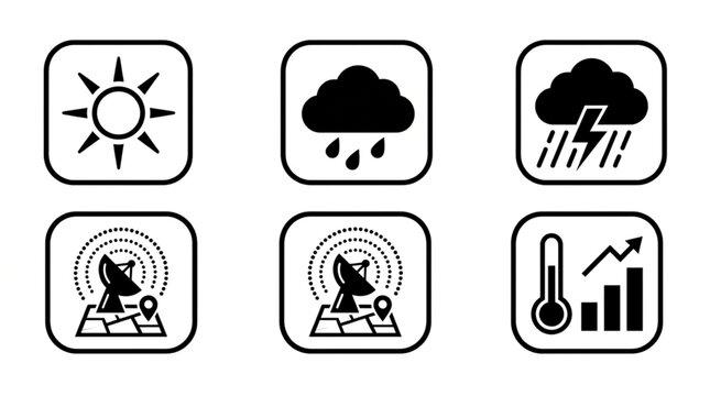 Weather forecast icons showing sun rain storm satellite and thermometer graph.