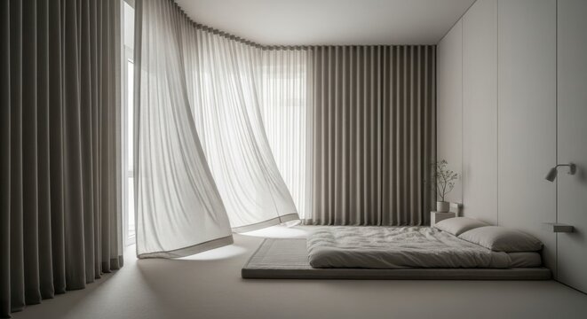A serene bedroom with a neatly made bed sits beside a large window with sheer curtains allowing natural light to flood the minimalist interior space.