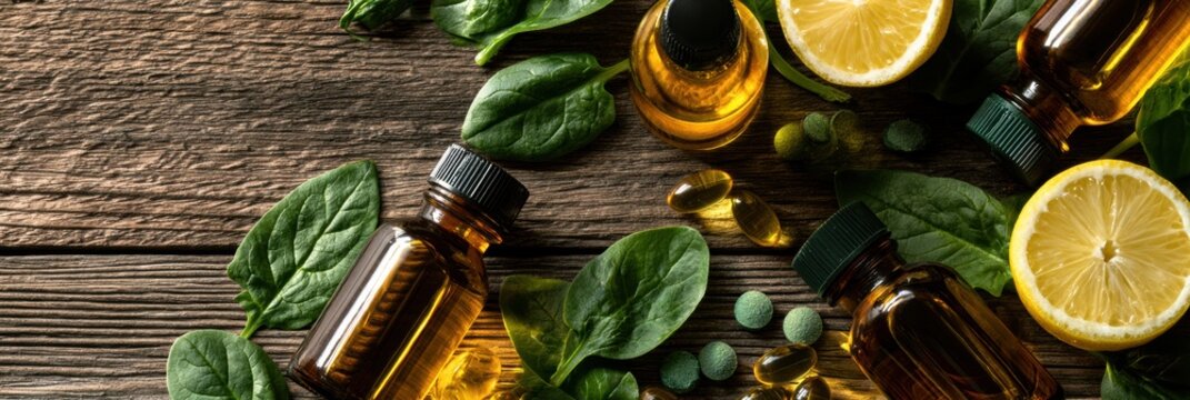 Flat lay features prenatal vitamins, omega-3 capsules, folate tablets, fresh lemon halves, and green spinach leaves arranged on wood.
