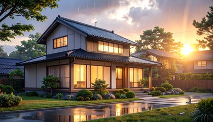 Fototapeta premium Scandinavian Japanese Style Home with Warm Sunset Light and Rainy Atmosphere