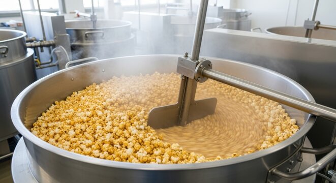 Giant industrial vat employing a powerful mixing arm to churn a massive batch of popping kernels, preparing a savory snack on a commercial food production line