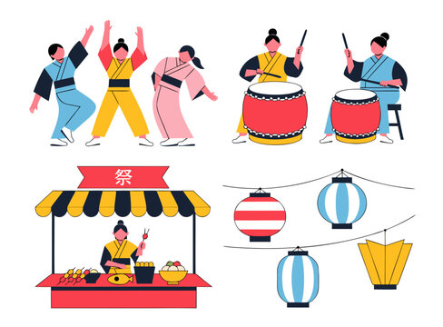 Japanese matsuir icons with taiko drums lanterns and yukata characters