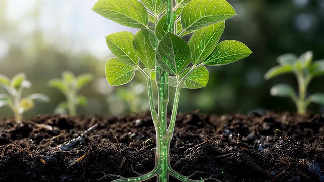 Close-up of a young plant with vibrant green leaves emerging from rich soil, showcasing intricate root systems in a sunlit environment