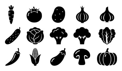 Fresh vegetable silhouette icon vector set with tomato carrot potato onion garlic cucumber broccoli mushroom chili and pumpkin isolated on white background © Hosneara