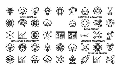 Obraz premium Technology line icon set categorized by robotics automation data science artificial intelligence network connectivity and business growth concepts isolated on white background