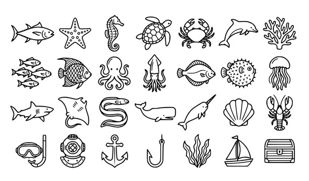 Sea animals and ocean life line art icon vector set with fish shark turtle whale octopus crab and nautical elements isolated on white background