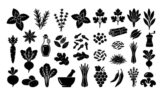 Culinary herbs and spices silhouette vector icon set with basil rosemary cinnamon ginger chili pepper mortar and pestle isolated on white background for kitchen design