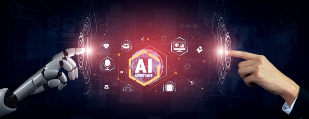 Obraz premium Futuristic Representation of Human and Robot Interaction Highlighting AI Technology in a Digital Environment with Innovative Symbols and Graphics Quark.