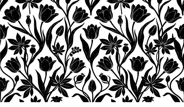 Elegant tulip floral damask seamless pattern background with monochrome botanical silhouettes for luxury gift wrapping paper textile and stationary design