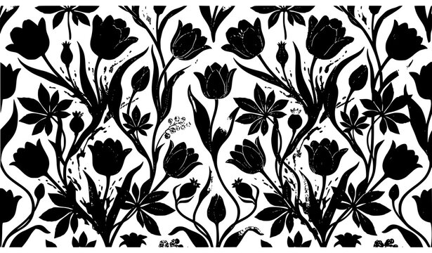 Tulip flower silhouette seamless pattern background with elegant botanical garden buds and leaves for black and white textile print wallpaper design