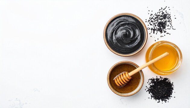 薬膳・黒ごまペースト・はちみつ・白背景・デザート系・美容食・アンチエイジング・スイーツ素材・フラットレイ／Yakuzen beauty dessert flat lay, black sesame paste with golden honey on white background, anti-aging Japanese wellness sweet stock photo, healthy 