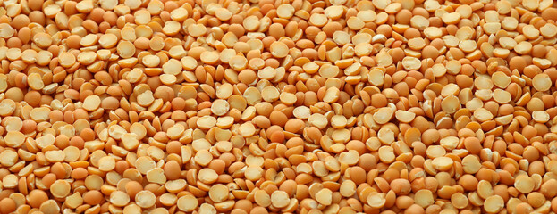 Fototapeta premium Pea grains in big pile on table close up. Large amount of yellow pea seeds