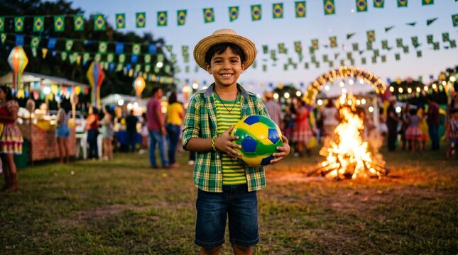 Crian&ccedil;a caipira segurando bola de futebol em festa brasileira tem&aacute;tica