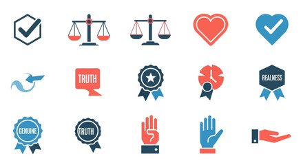 Fototapeta premium Set of Quality, Trust, and Authenticity Icons: Checkmark, Scales, Heart, Truth, Genuine