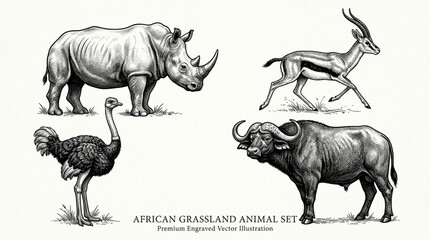 Vintage African Safari Animals Set Illustration. © Yundha