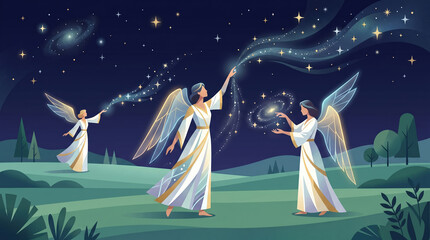 Fototapeta premium Three angels in white dresses stand on green hills during the night. They point and create stars with their hands while looking at the sky filled with stars