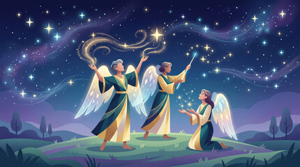 Fototapeta premium Three angels perform magic in a night scene filled with stars. One angel stirs sparkles in the air, while another holds a wand. A third angel gathers light from below