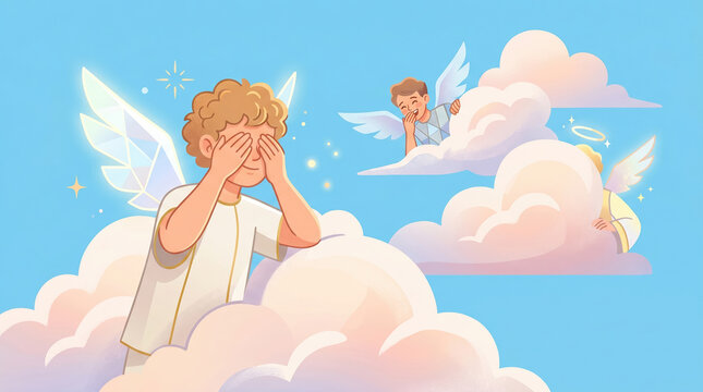 Children are having fun while playing in clouds. One child covers his eyes, while others float and smile. The sky is blue and clear with fluffy white clouds