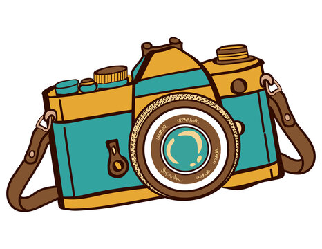 Hand drawn brush stroke vector illustration of vintage camera, retro photography doodle with expressive brushwork, analog film camera "Beatnik", isolated image.