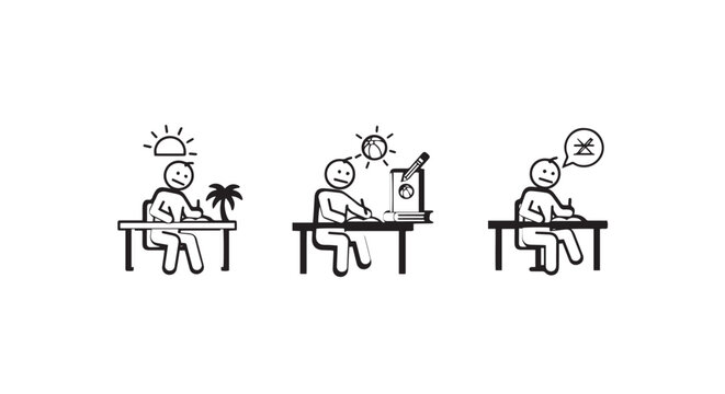 Illustrated students with different learning attitudes in classroom.