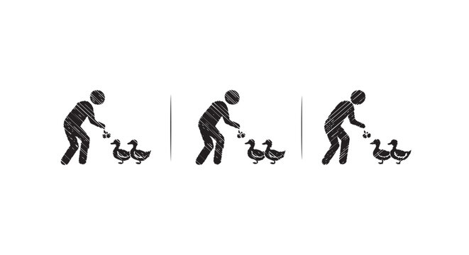 Illustrated sequence of a person herding ducks in stages.