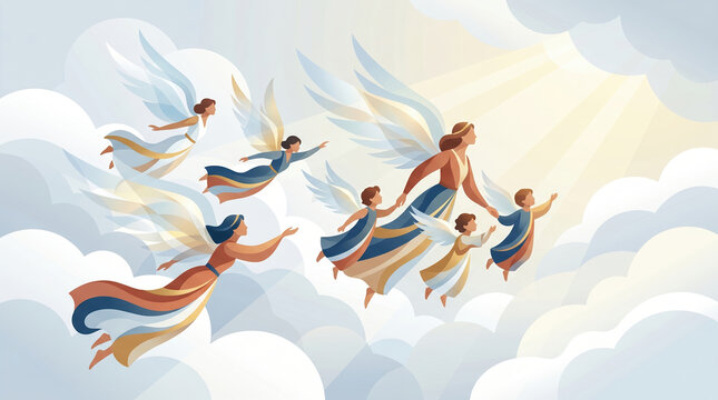 Figures are depicted flying in the sky, with a main adult figure guiding several children through fluffy clouds under bright light. The scene shows joy and movement