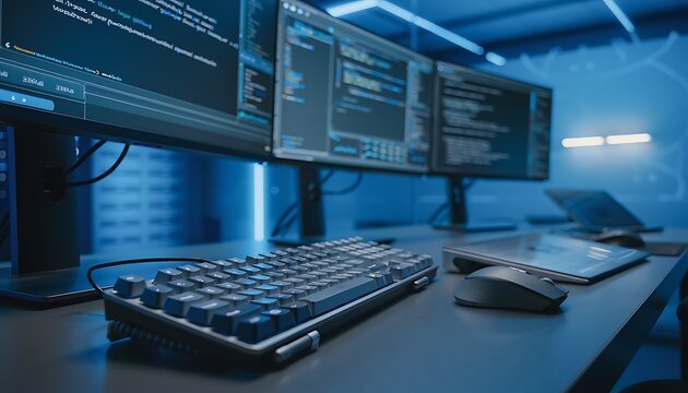 A person works on a computer with multiple monitors displaying code in a dimly lit blue office environment with a keyboard and mouse on the desk