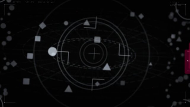 Crosshair appearing, center HUD expanding, shapes orbiting, magenta cards sliding in signaling