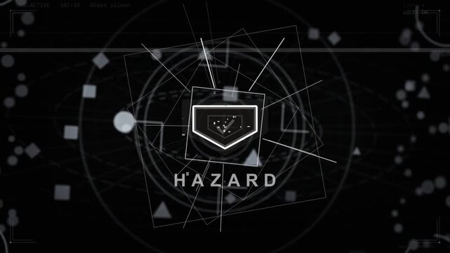 Drifting particles revealing central badge, brightening and emitting radial lines, signaling hazard