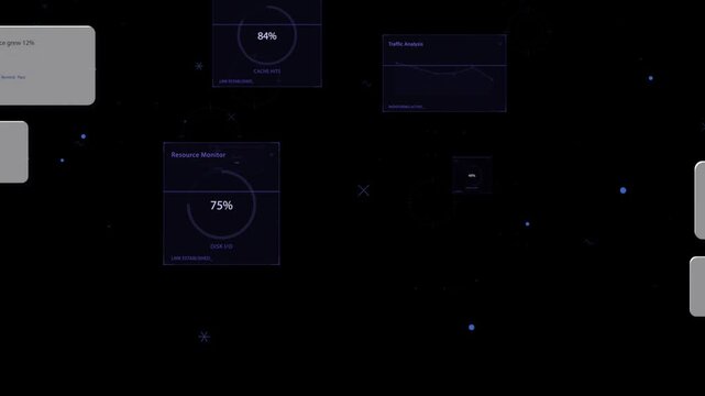 On third frame dashboard tiles appearing, cards sliding from sides, stacking, visualizing metrics