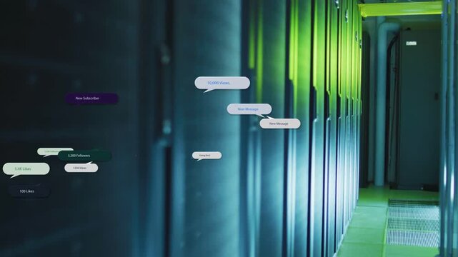 Server cabinets lining aisle receiving data, spawning metrics, clustering, fading, showing alerts