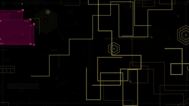 Booting, yellow net drawing block paths around hex node, magenta UIs stacking, showing readouts