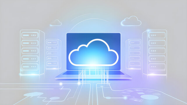 A professional cloud computing concept illustration with a bright cloud symbol floating in a digital space, surrounded by holographic server icons, synchronized data flow lines, soft lighting effects