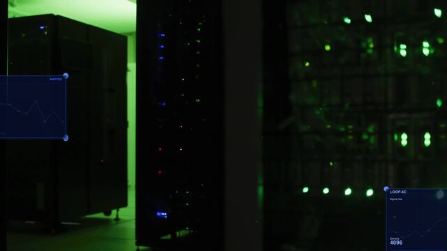 Rack servers idling while system overlays floating on signal, pinning, showing latency and capacity